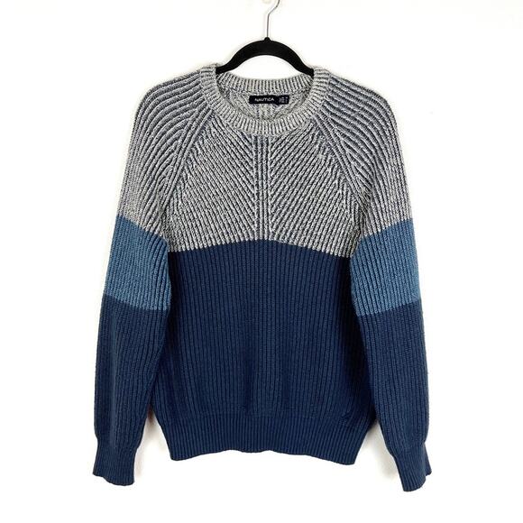 Nautica Mens Crewneck Sweater Pullover Color Block Medium Blue Gray - Picture 1 of 7
